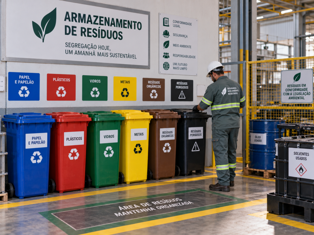 Área de segregação de resíduos sólidos industriais organizada por categoria conforme o PGRS