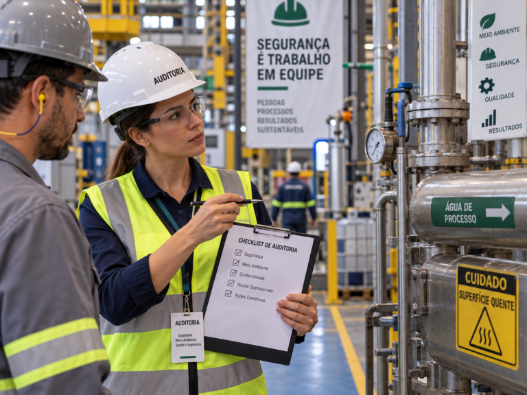 Auditora ambiental faz checklist de não conformidades e riscos de SST em planta industrial