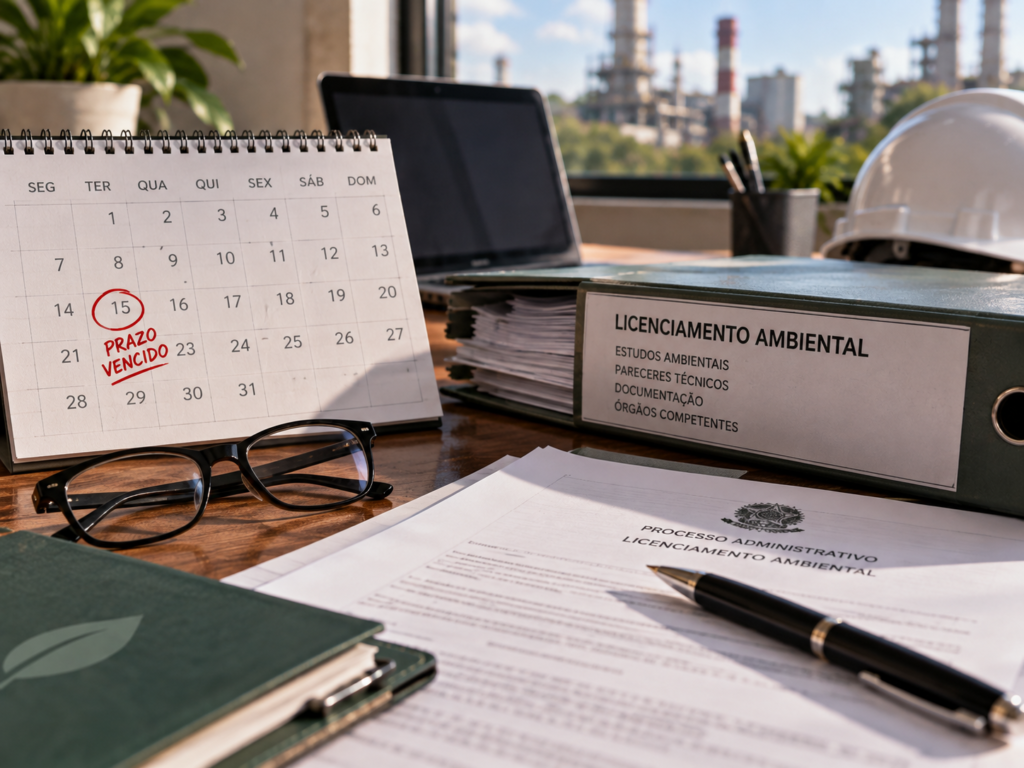 Calendário e pasta de licença ambiental vencida sobre a mesa, simbolizando o prazo expirado