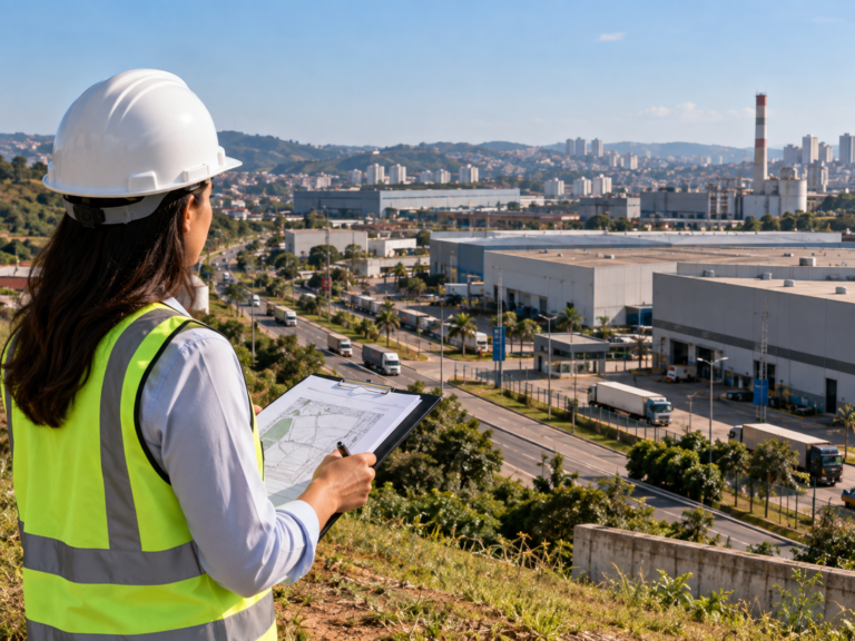 Consultor ambiental em frente a parque industrial da região do ABC Paulista