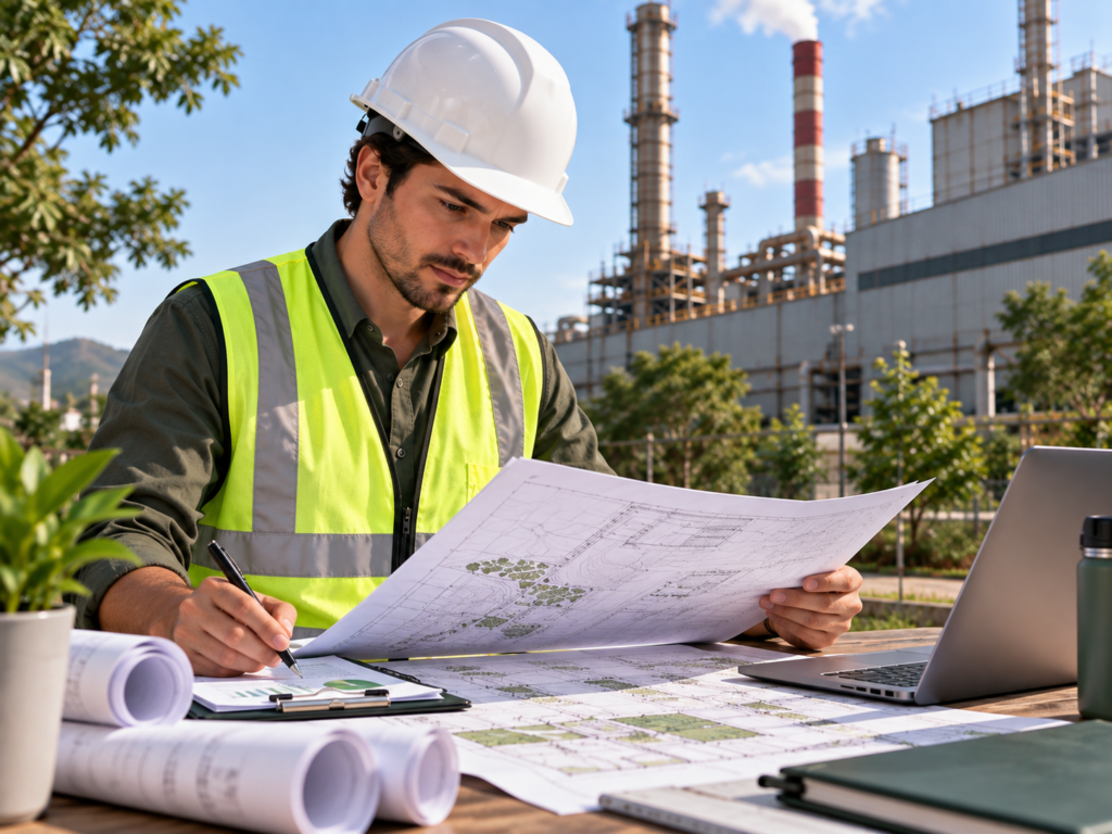 Engenheira ambiental analisa documentos de licenciamento em frente a uma planta industrial