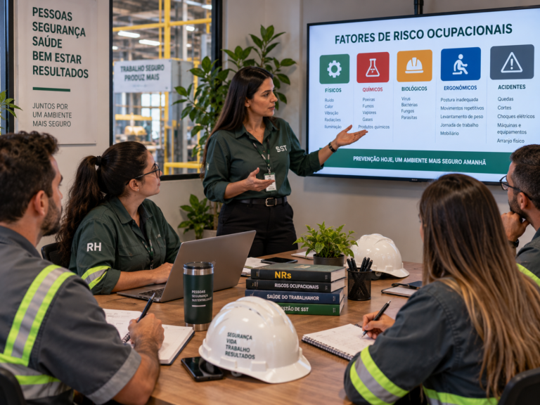 Equipe de segurança do trabalho discute riscos psicossociais no PGR conforme a NR-1