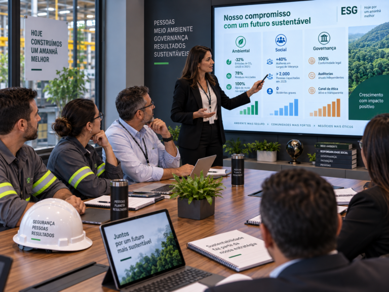 Equipe executiva discute estratégia ESG na indústria com indicadores de sustentabilidade em tela