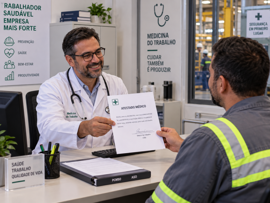 Médico do trabalho entrega o Atestado de Saúde Ocupacional (ASO) a um colaborador