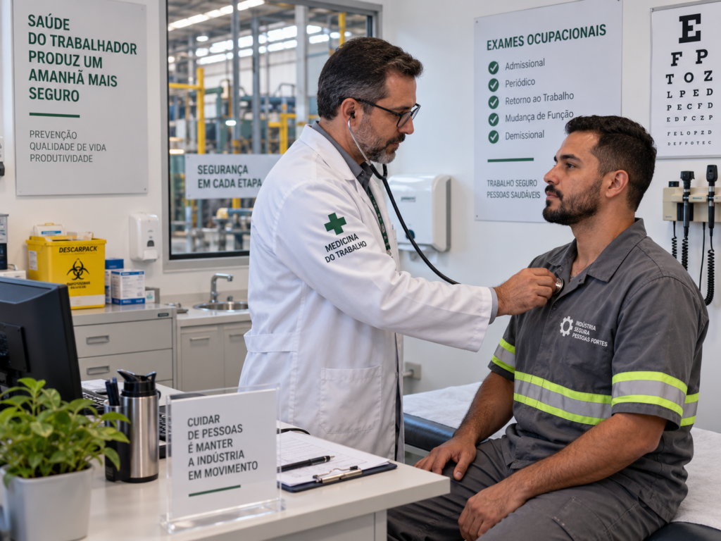 Médico do trabalho realiza exame ocupacional no âmbito do PCMSO em ambiente industrial