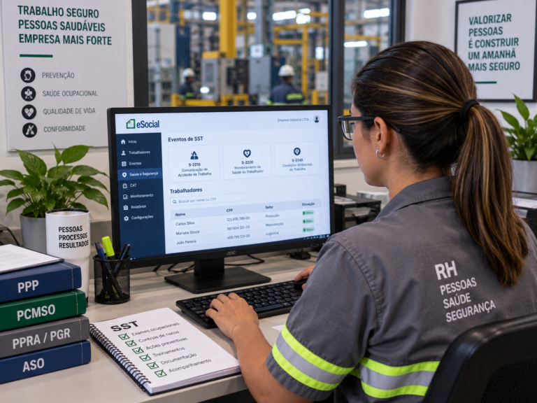 Profissional de RH preenche o Perfil Profissiográfico Previdenciário eletrônico (PPP) em sistema digital