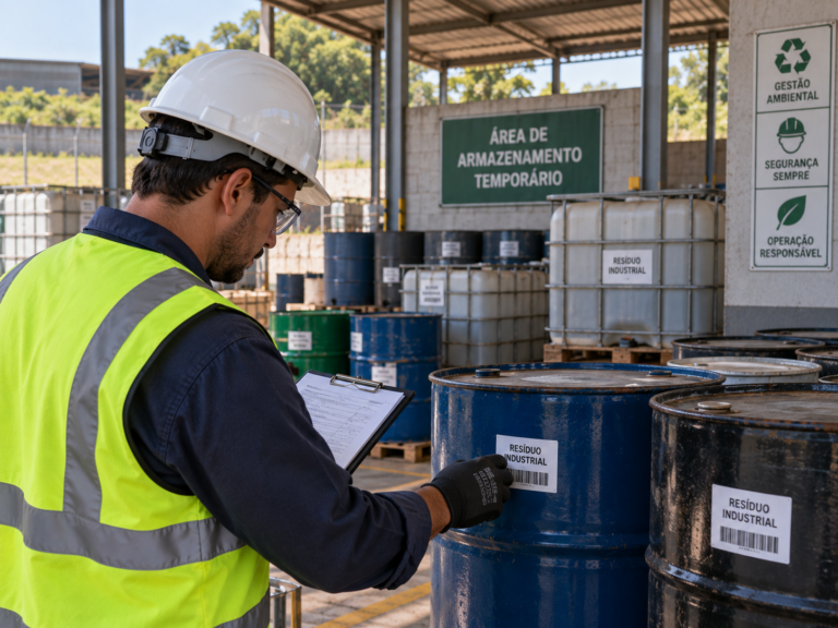 Técnico confere tambores de resíduos industriais com prancheta em área de armazenamento