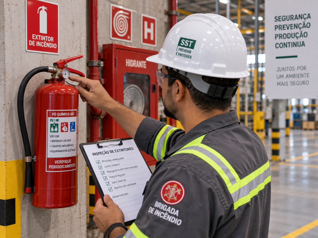 Técnico inspeciona extintores e sistema de combate a incêndio para obtenção do AVCB
